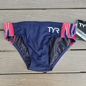 TYR Men's Durafast Elite Phoenix Navy/Red Drawstring Swim Racer Brief  SZ 30 New